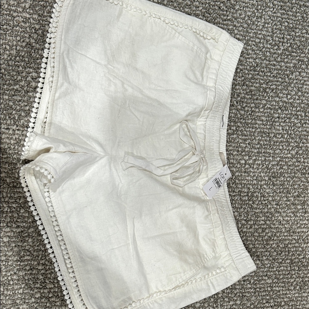 LOFT High Waist White Shorts with Pom-Pom Trim